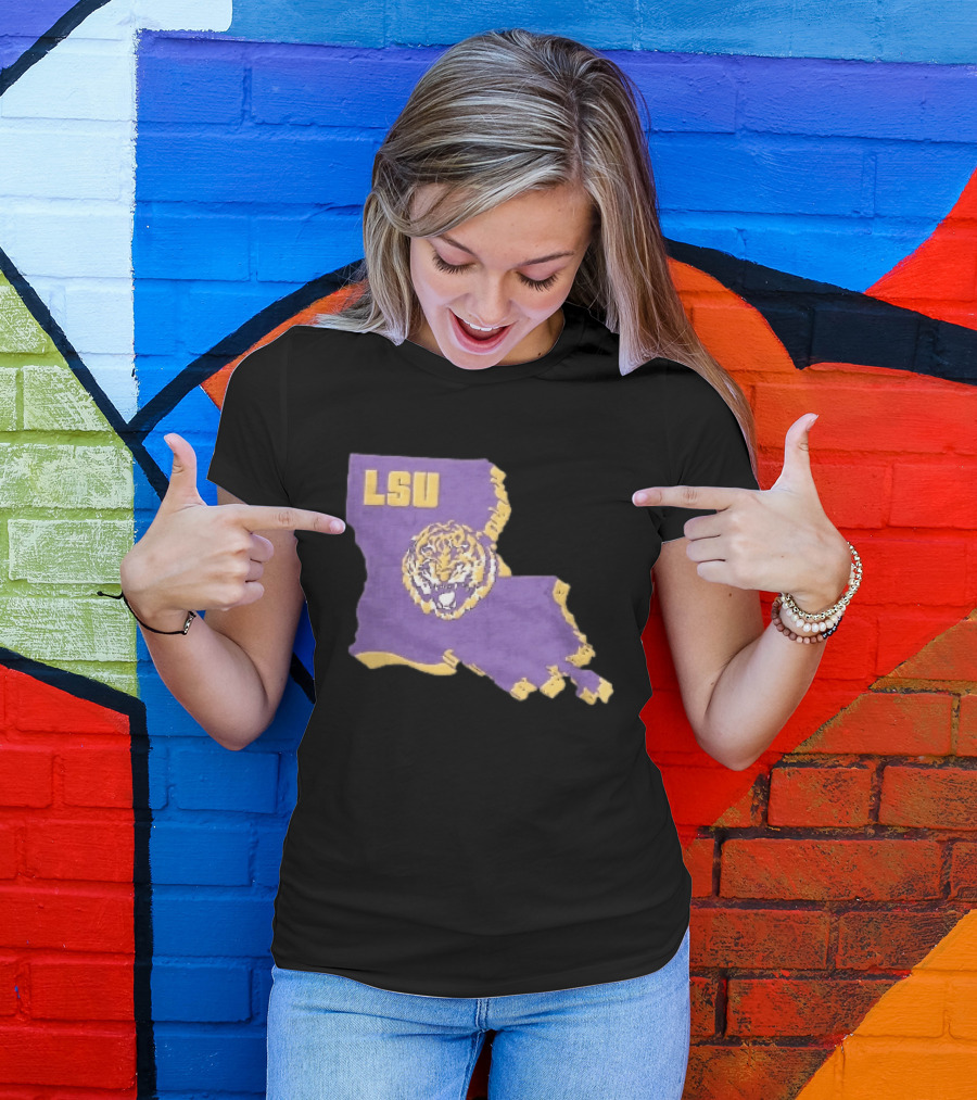 LSU Tigers NCAA Roaring Head Louisiana Map T-Shirt