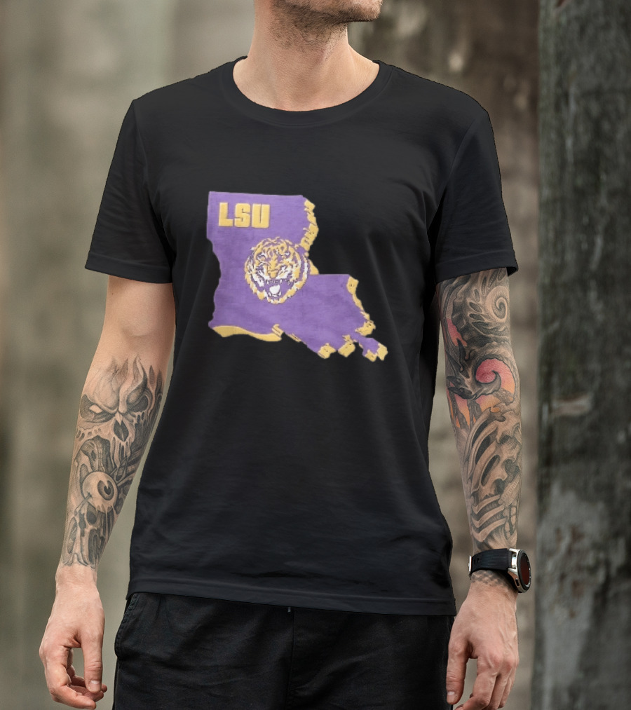 LSU Tigers NCAA Roaring Head Louisiana Map T-Shirt