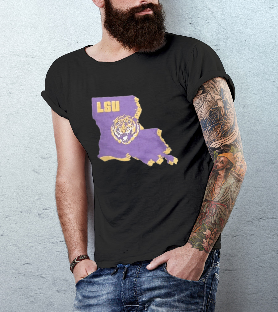 LSU Tigers NCAA Roaring Head Louisiana Map T-Shirt