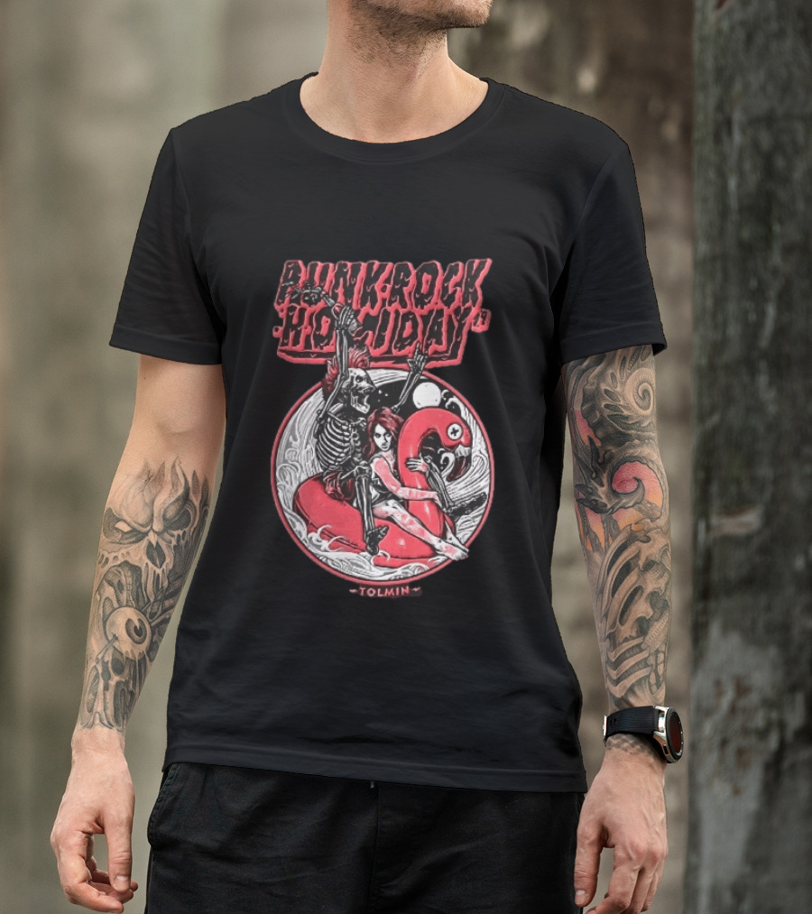 Punk Rock Holiday 19 Tolmin Mohawk Skeleton Riding Pink Flamingo Ocean Waves T-Shirt