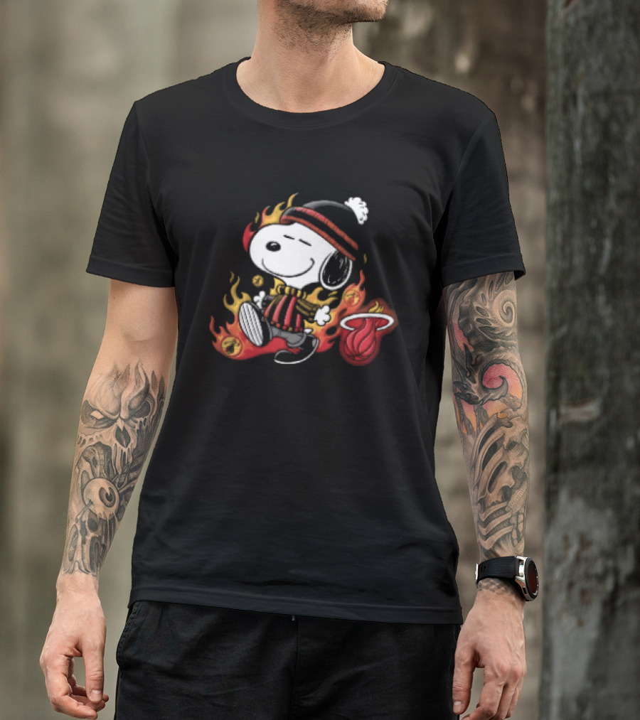 Miami Heat NBA Snoopy Walking Beanie Striped Flames Cartoon T-Shirt