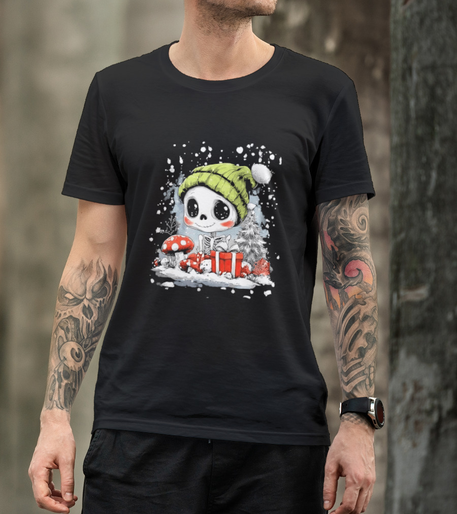 Skeleton In Green Beanie Hat With Mushroom And Christmas Present T-Shirt