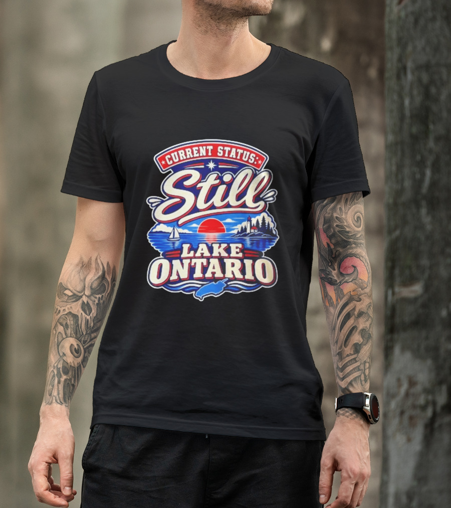 Current Status Still Lake Ontario Sunset Sailboat Lighthouse Scene T-Shirt