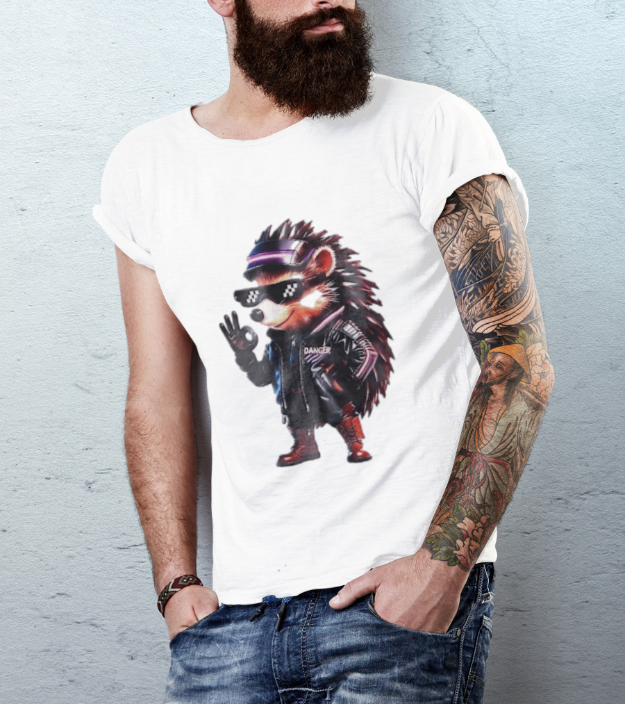 Danger Hedgehog Pixel Sunglasses Leather Jacket T-Shirt