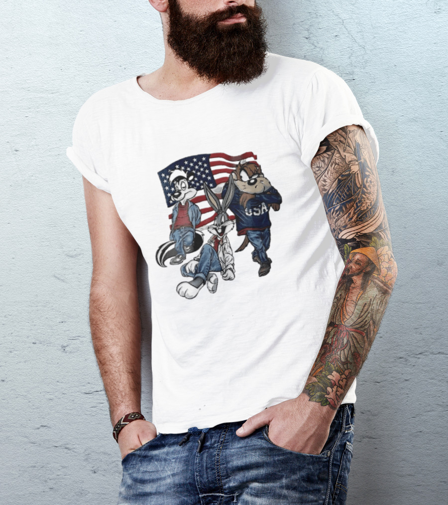 Looney Tunes Pepe Le Pew Bugs Bunny Tasmanian Devil USA American Flag Caricature T-Shirt