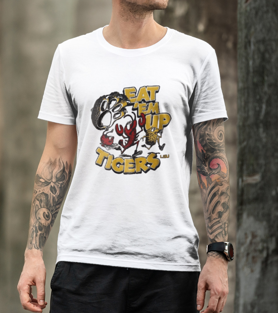 LSU Tigers Eat Em Up Cartoon Crawfish Corn Bean Paw Running T-Shirt