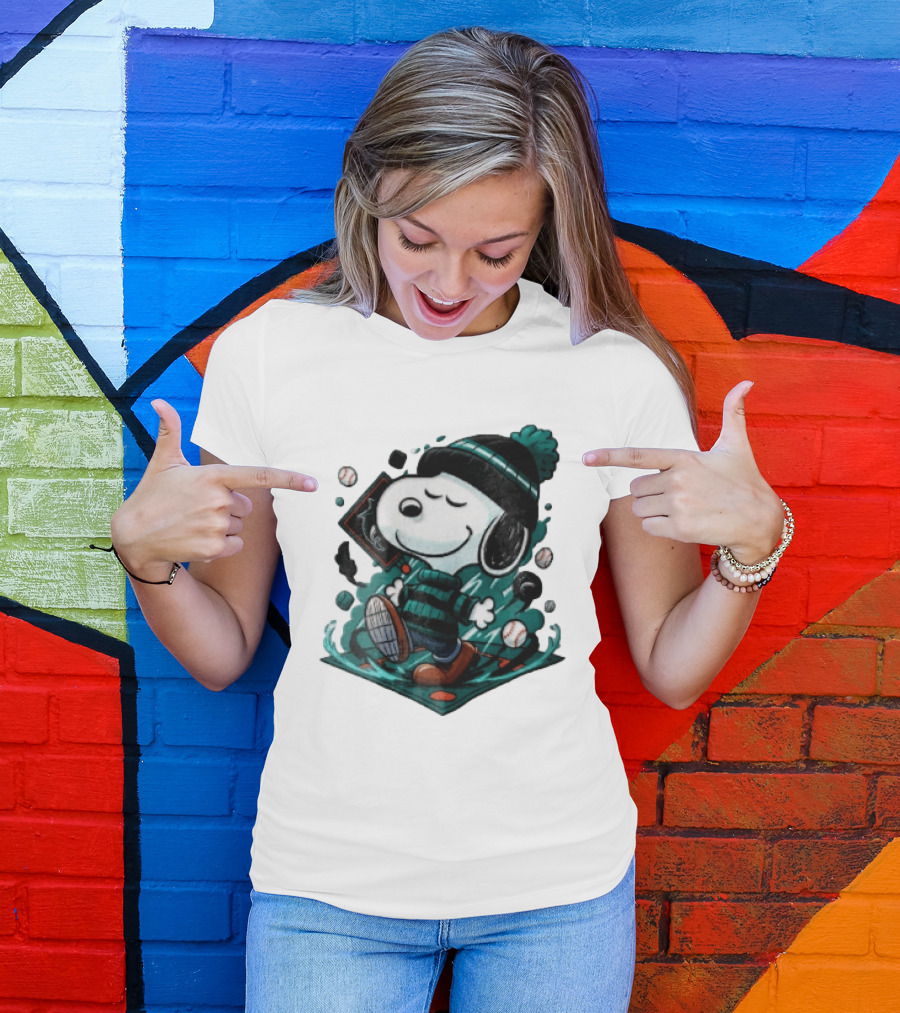 Miami Marlins MLB Snoopy Walking Teal Winter Beanie Striped Baseballs T-Shirt