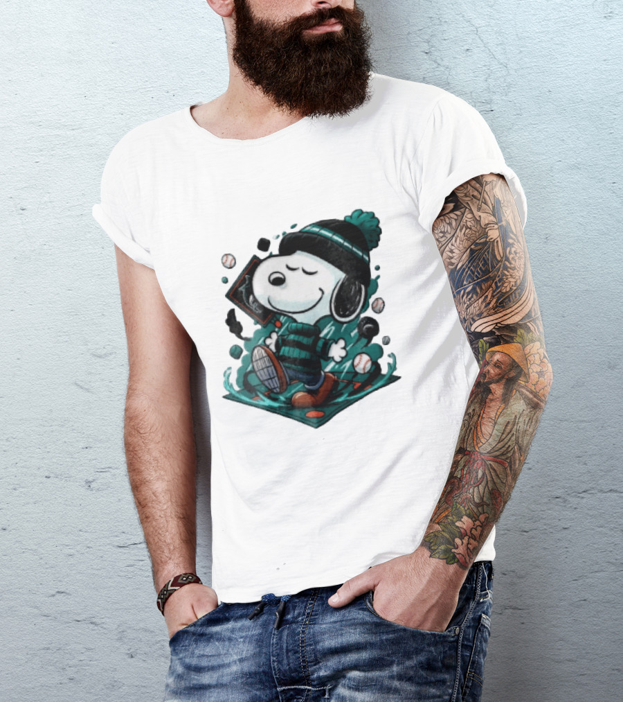 Miami Marlins MLB Snoopy Walking Teal Winter Beanie Striped Baseballs T-Shirt