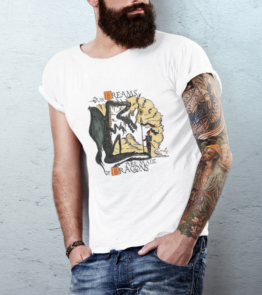 Our Dreams Are Made Of Dragons Artwork Yellow Red Black Fantasy T-Shirt