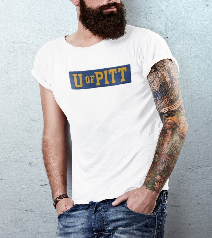 U Of Pitt Blue Wooden Board Yellow Lettering T-Shirt