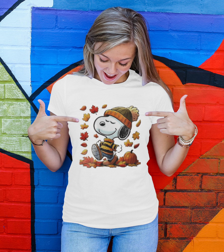 Snoopy Walking In Striped Beanie With Autumn Leaves And Pumpkin T-Shirt