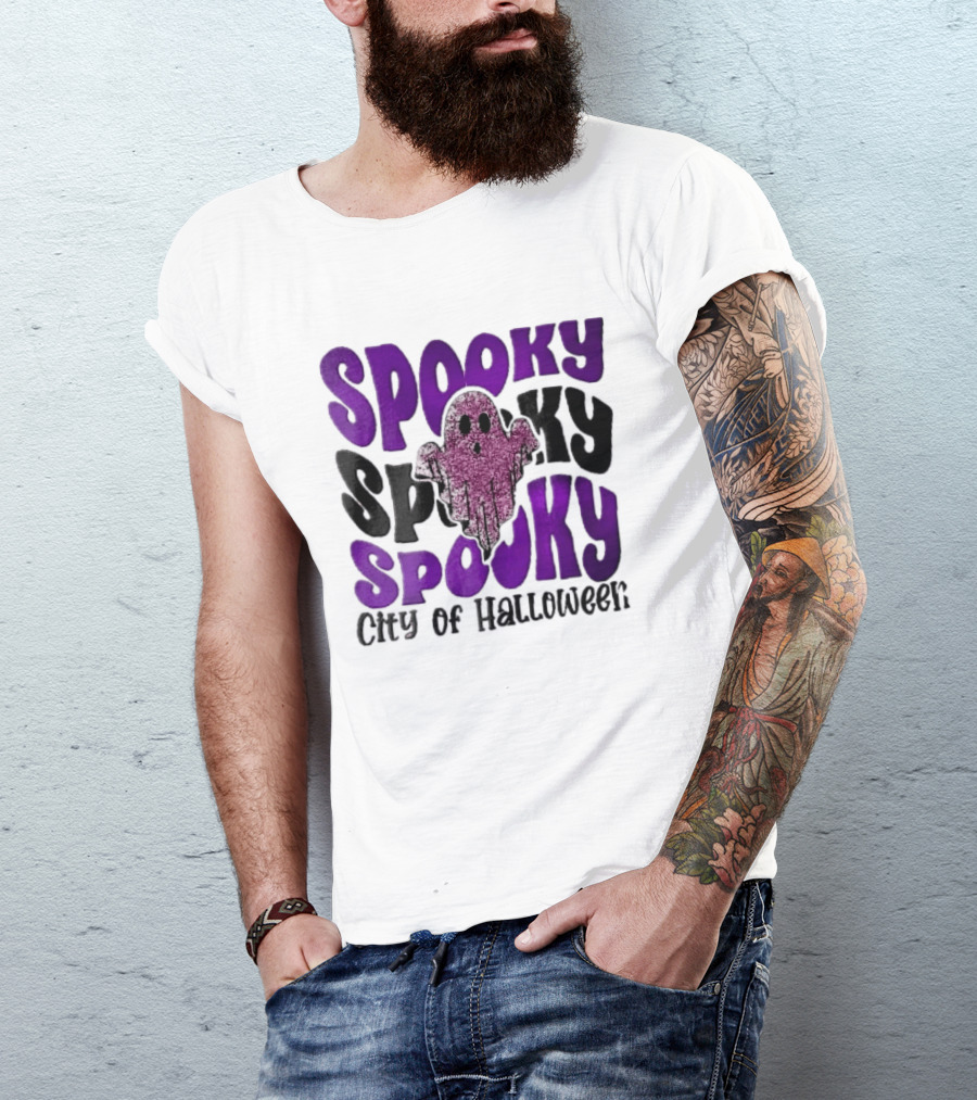 Spooky City Of Halloween Pink Glitter Ghost Retro Groovy T-Shirt