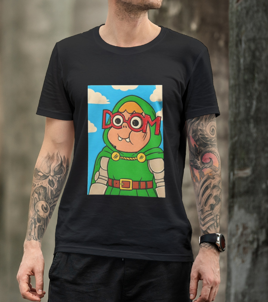 Clarence Doctor Doom Cartoon Crossover DOOM Glasses Green Hood Clouds T-Shirt