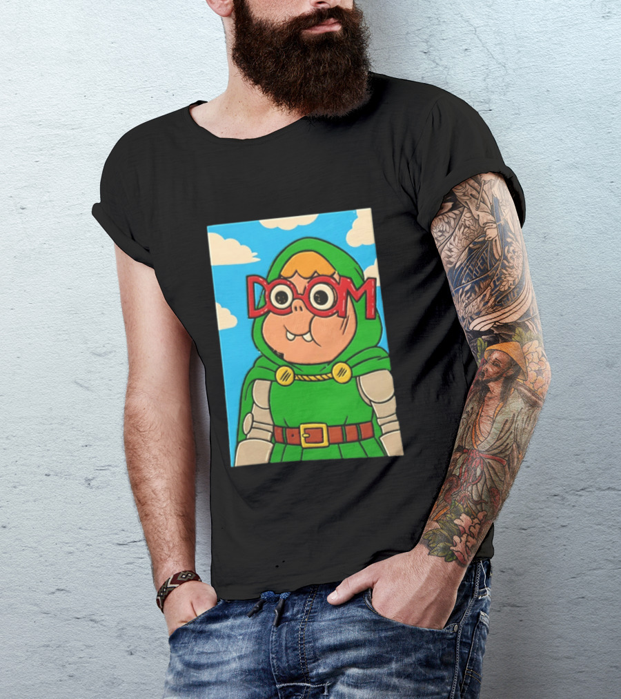 Clarence Doctor Doom Cartoon Crossover DOOM Glasses Green Hood Clouds T-Shirt