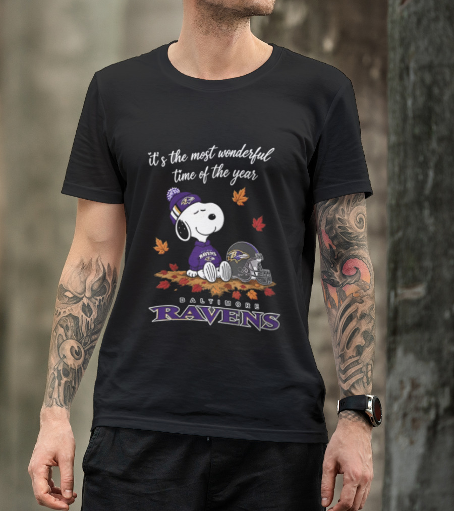 It's The Most Wonderful Time Of The Year Snoopy Baltimore Ravens Beagle Beanie Helmet Autumn Leaves T-Shirt