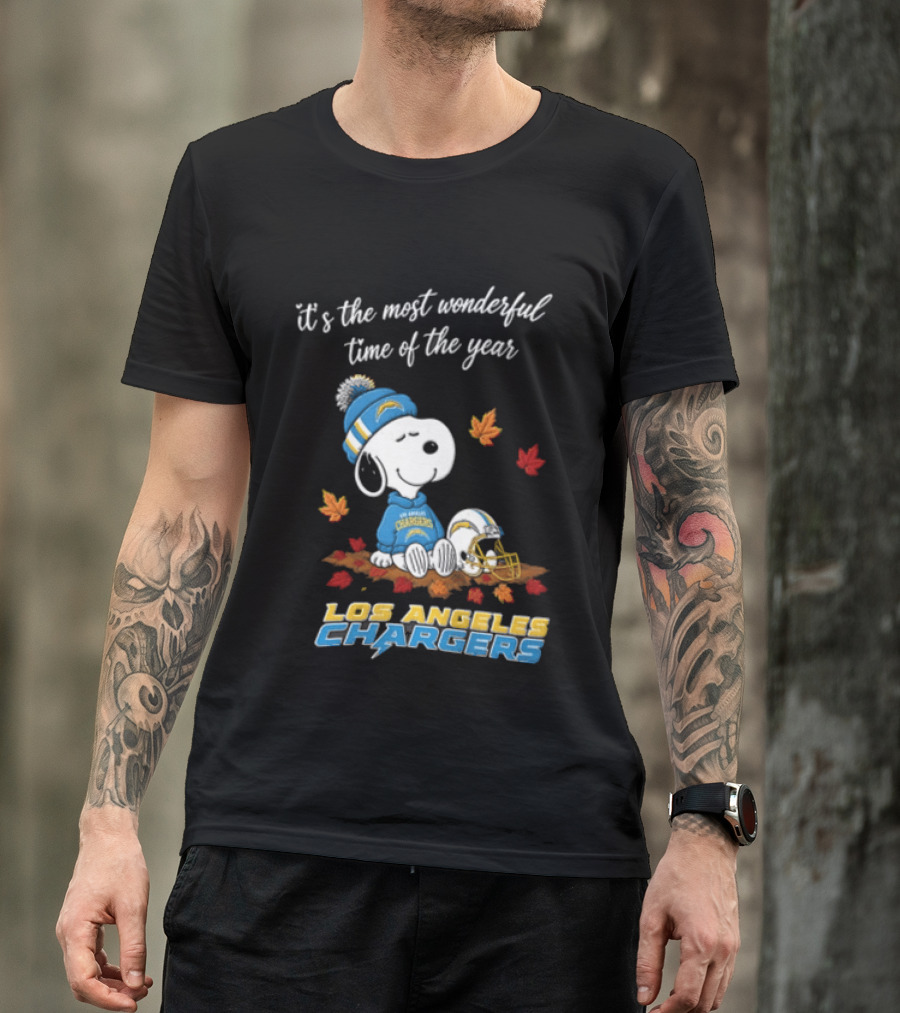 It's The Most Wonderful Time Of The Year Snoopy Los Angeles Chargers Beanie Autumn Leaves Football Helmet T-Shirt
