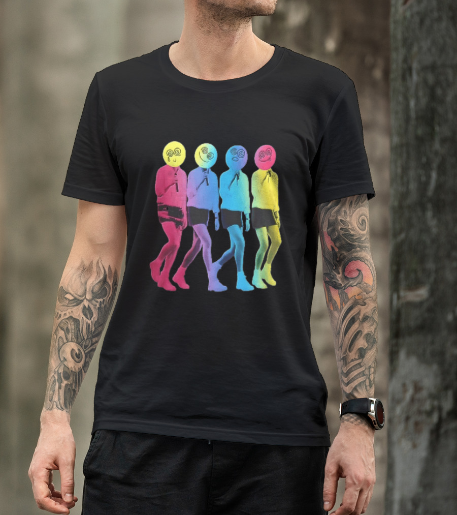 Four Neon Spiral Smileys Singing Colorful Figures T-Shirt