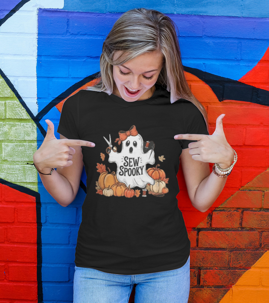 Sew Spooky Ghost With Bow Scissors Pumpkins Autumn Leaves Thread Spools T-Shirt