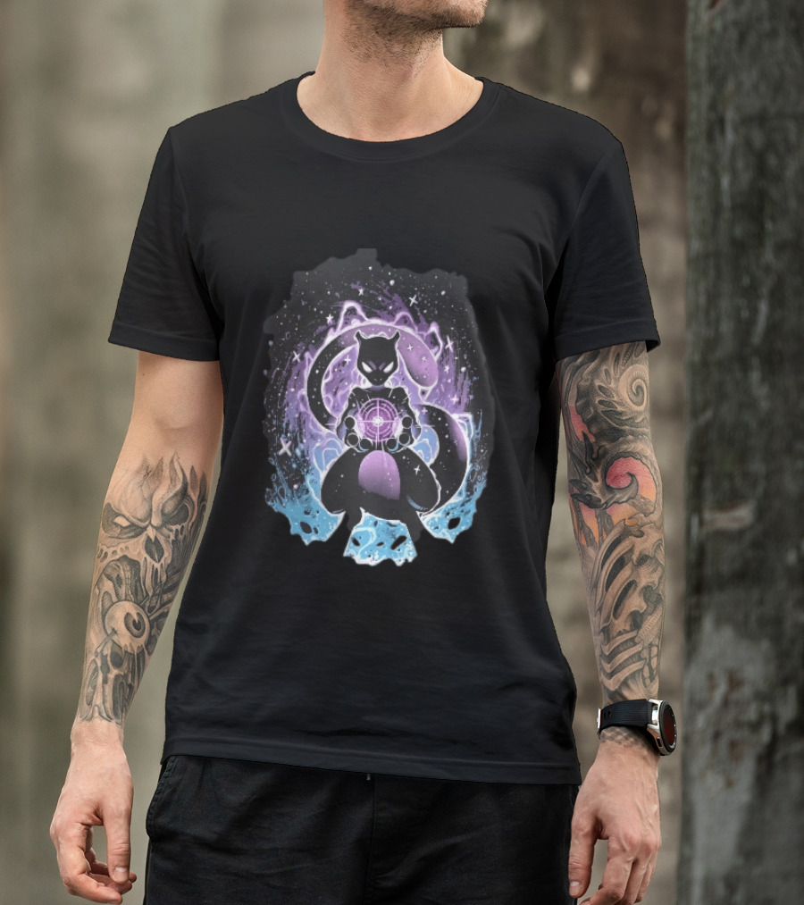 Mewtwo Cosmic Purple Energy Sphere Galaxy Stars Blue Flames T-Shirt