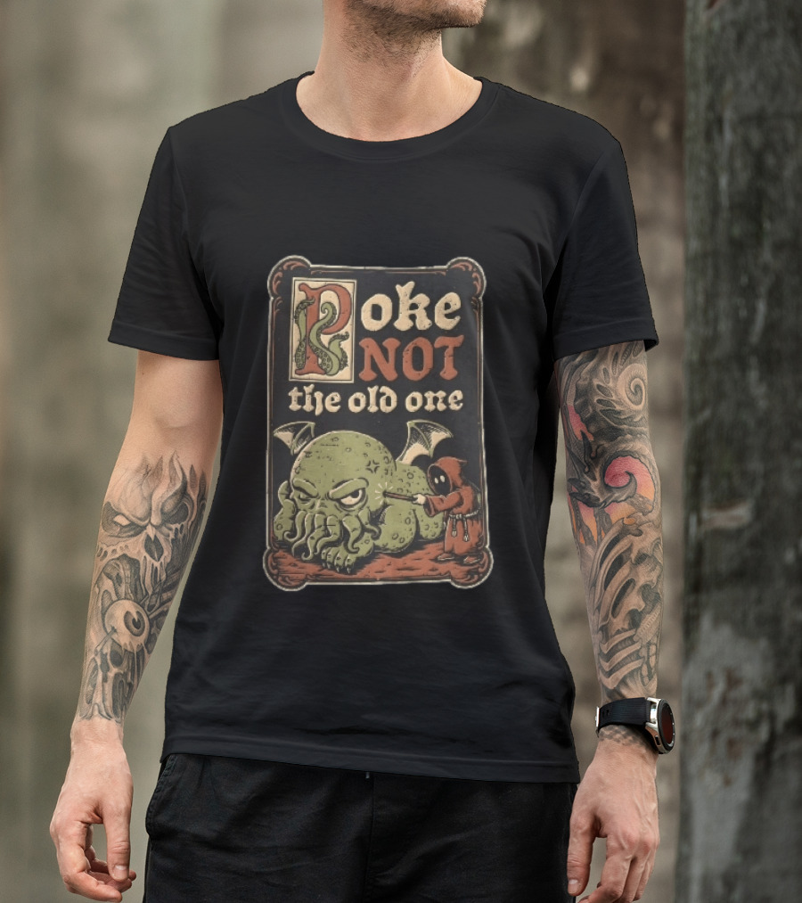 Poke Not The Old One Chibi Cthulhu Hooded Cultist Poking Stick Cartoon Frame T-Shirt