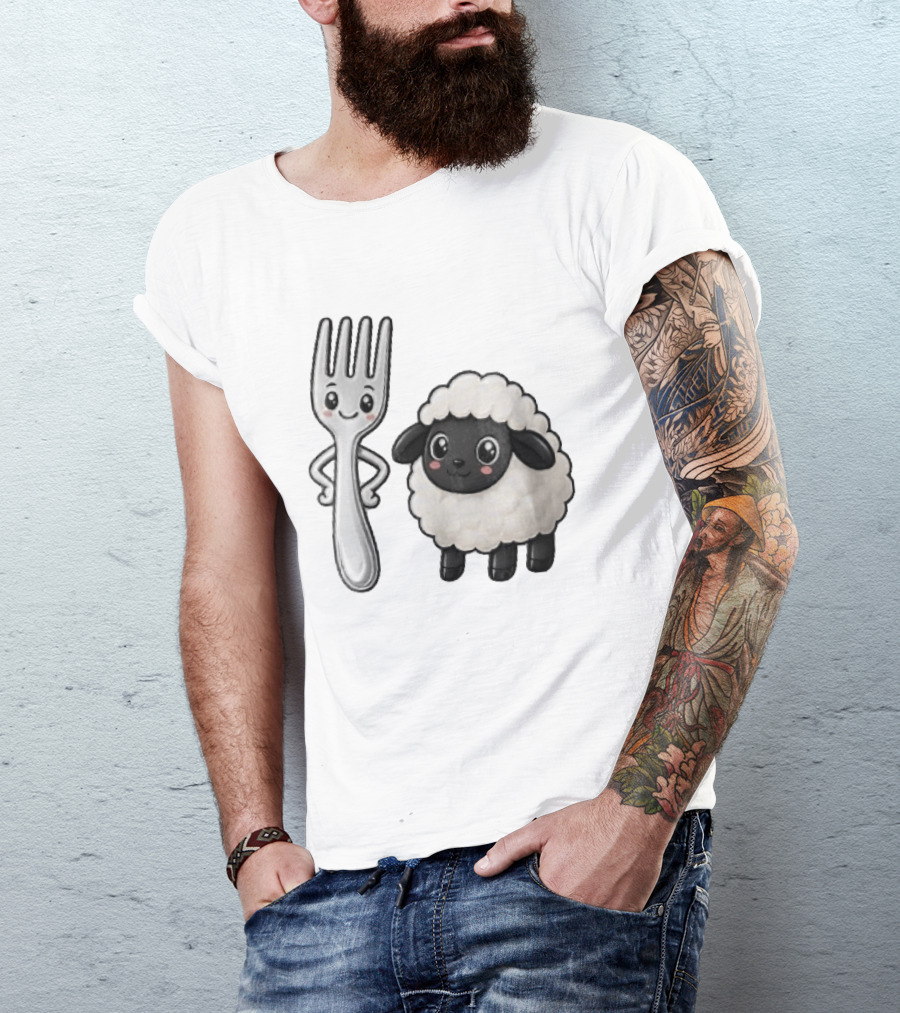 Chibi Style Silver Fork And Cute Black Faced Lamb Cartoon T-Shirt
