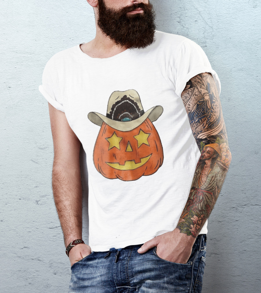 Starry Eyed Jack O Lantern Pumpkin Cowboy Hat Feather T-Shirt