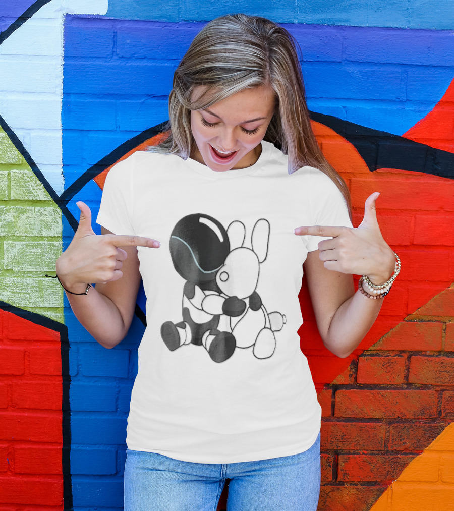 Cartoon Robot Embracing White Bunny Plush Toy T-Shirt