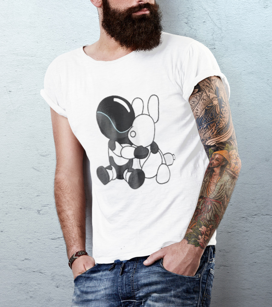 Cartoon Robot Embracing White Bunny Plush Toy T-Shirt