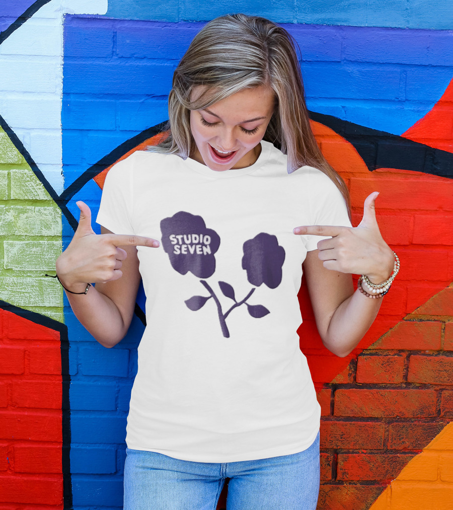Studio Seven Hand Drawn Purple Flowers Stem Leaves T-Shirt