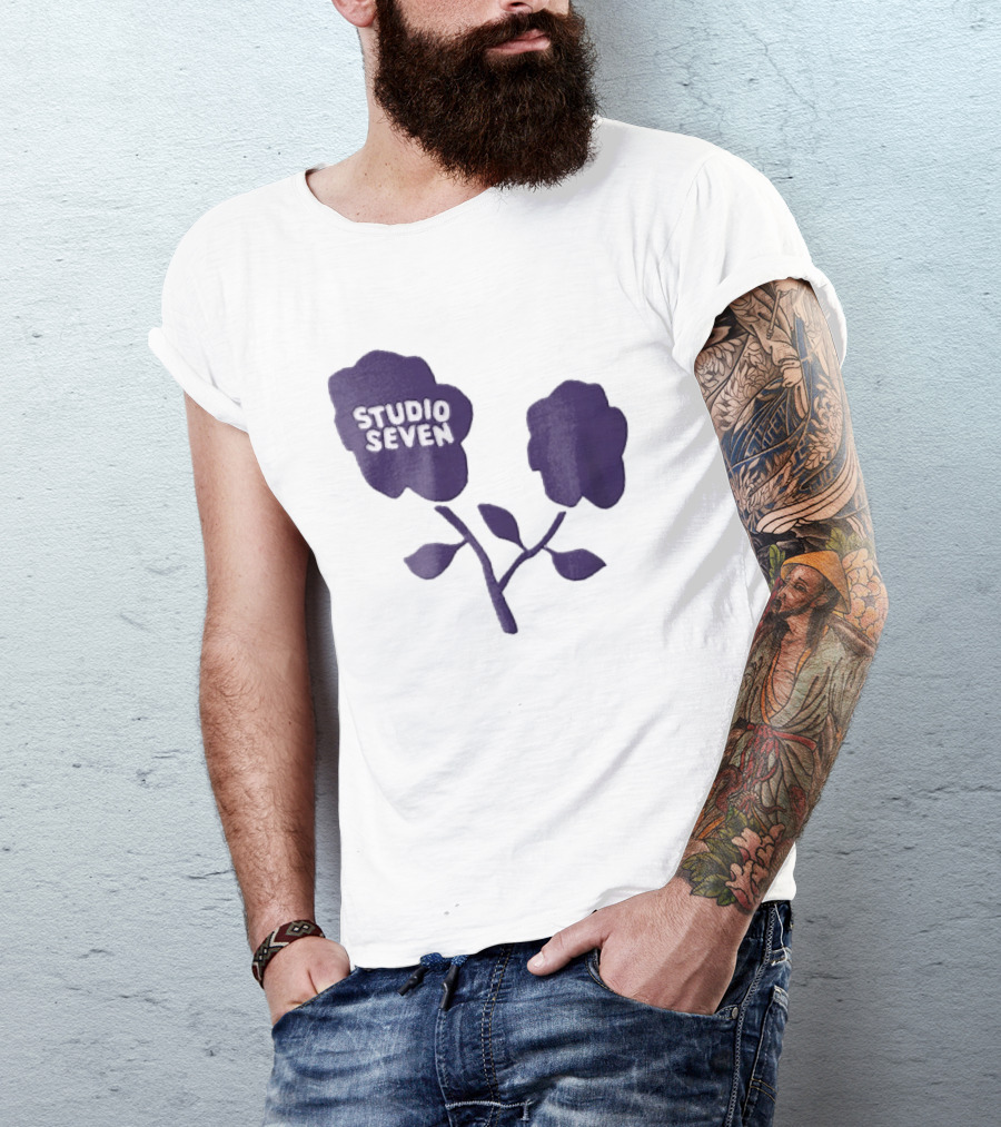 Studio Seven Hand Drawn Purple Flowers Stem Leaves T-Shirt