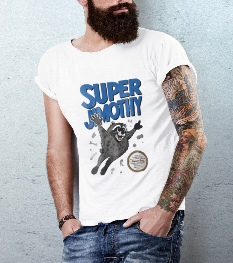 Super Jimothy Cartoon Flying Raccoon Trash Scraps Gold Seal T-Shirt