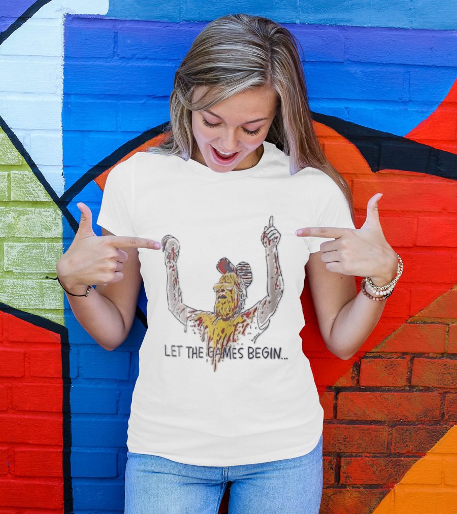 Let The Games Begin Caricature Beard Sunglasses Dripping Mustard Ketchup Line Arms Raised T-Shirt