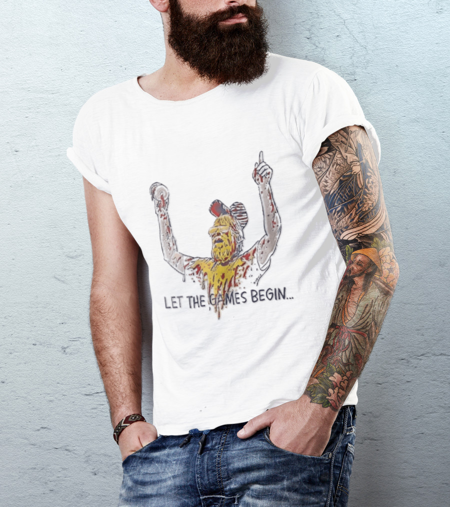 Let The Games Begin Caricature Beard Sunglasses Dripping Mustard Ketchup Line Arms Raised T-Shirt
