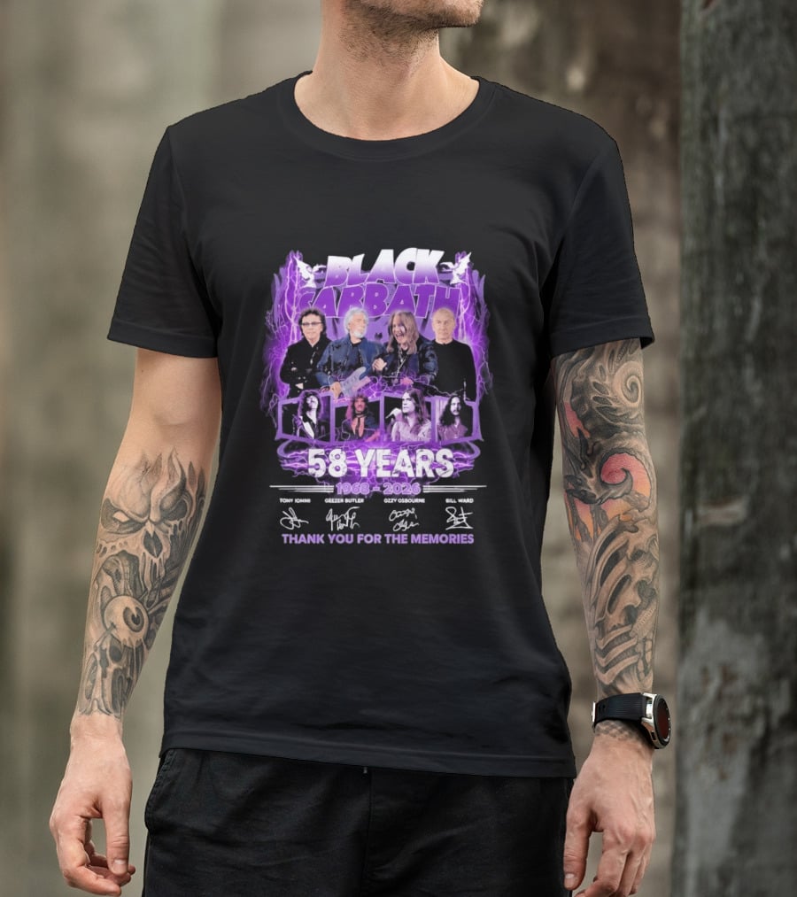 Black Sabbath 58 Years 1968 2026 Tony Iommi Geezer Butler Ozzy Osbourne Bill Ward Thank You For The Memories T-Shirt