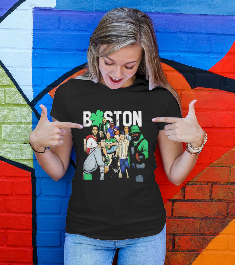 Boston Celtics Patriots Players With Shamrock And Boston T-Shirt