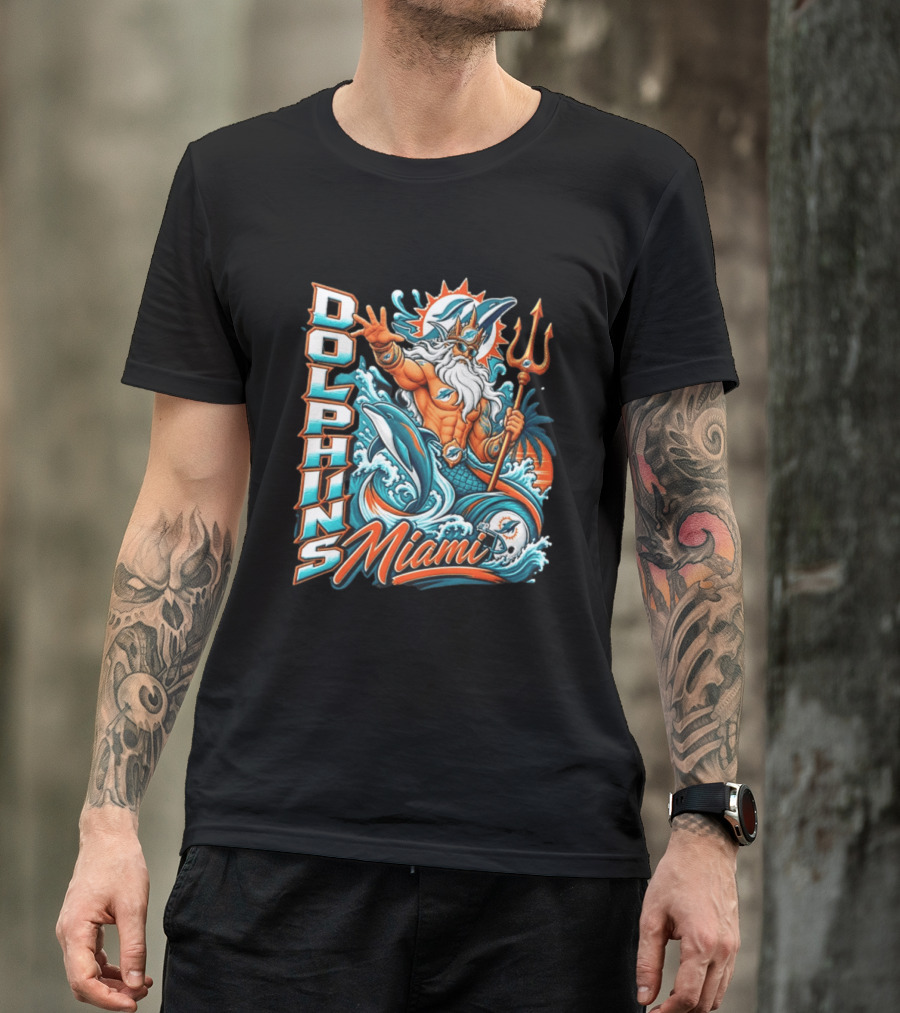Miami Dolphins King Triton Ocean Waves Trident Dolphins T-Shirt