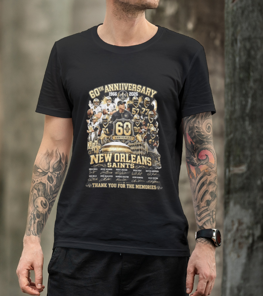 60th Anniversary 1966 2026 New Orleans Saints Thank You For The Memories Drew Brees Archie Manning Ricky Jackson T-Shirt