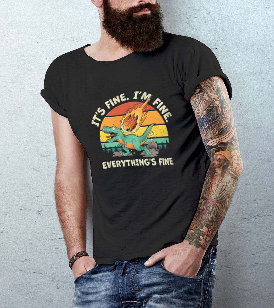 It's Fine I'm Fine Everything's Fine Cartoon Rex Running Meteor Sunset T-Shirt