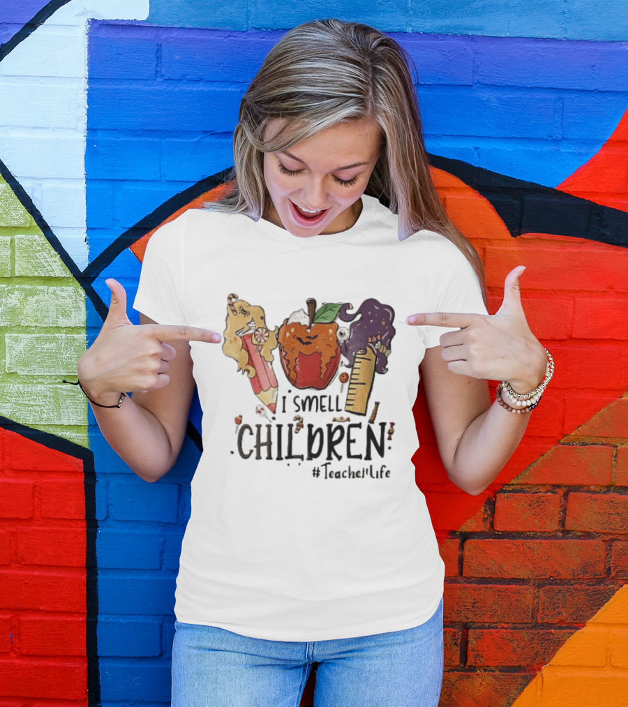 I Smell Children Teacherlife Sanderson Sisters Halloween Pencil Apple Ruler Cartoon T-Shirt