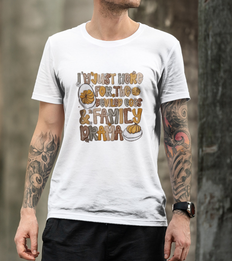I'm Just Here For The Deviled Eggs And Family Drama Groovy Autumn Leaves T-Shirt