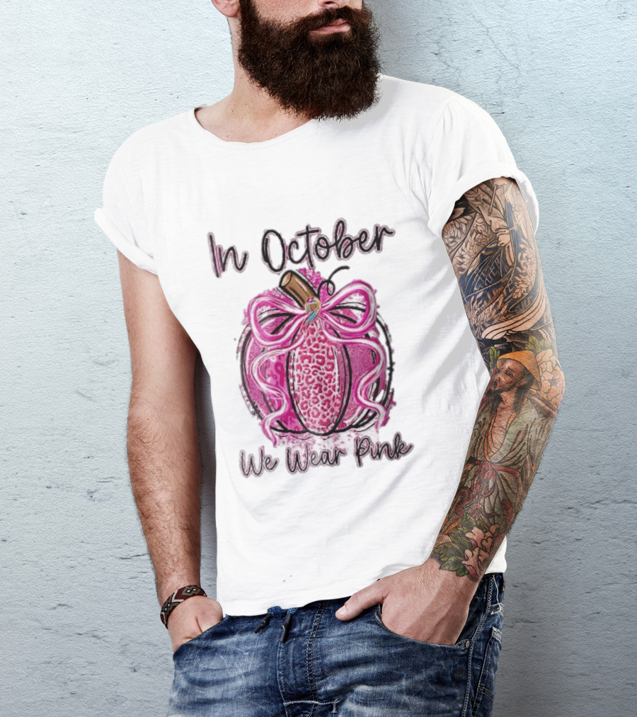 In October We Wear Pink Leopard Pumpkin Breast Cancer Ribbon Bow T-Shirt