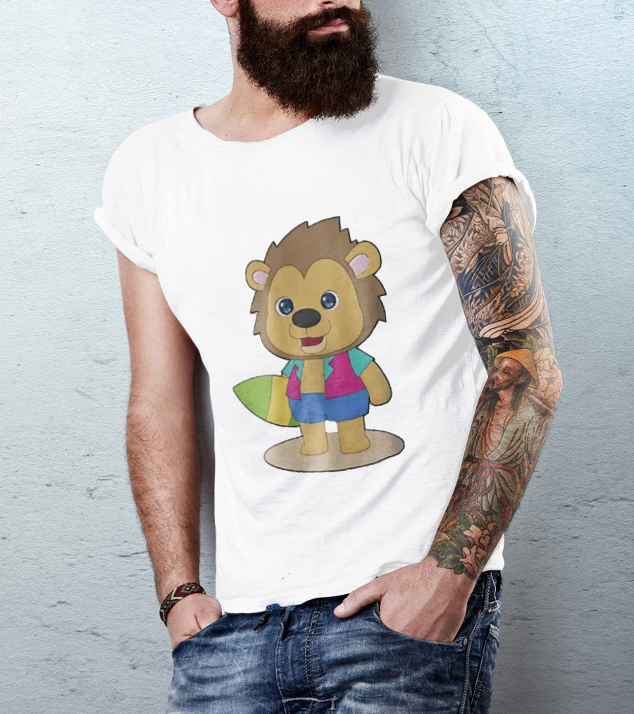 Lion Summer Surfing Adventure Cartoon T-Shirt