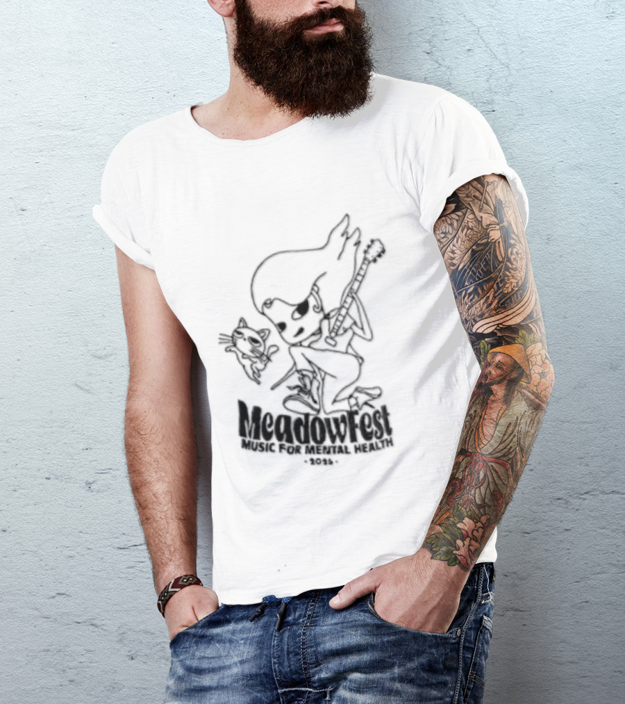 Meadowfest Dancing Cat Line Guitarist For Music And Mental Health T-Shirt