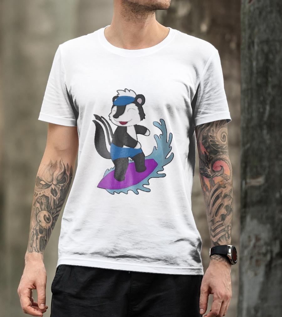 Skunk Surfing Cartoon On Purple Surfboard With Blue Waves And Summer Vibes T-Shirt