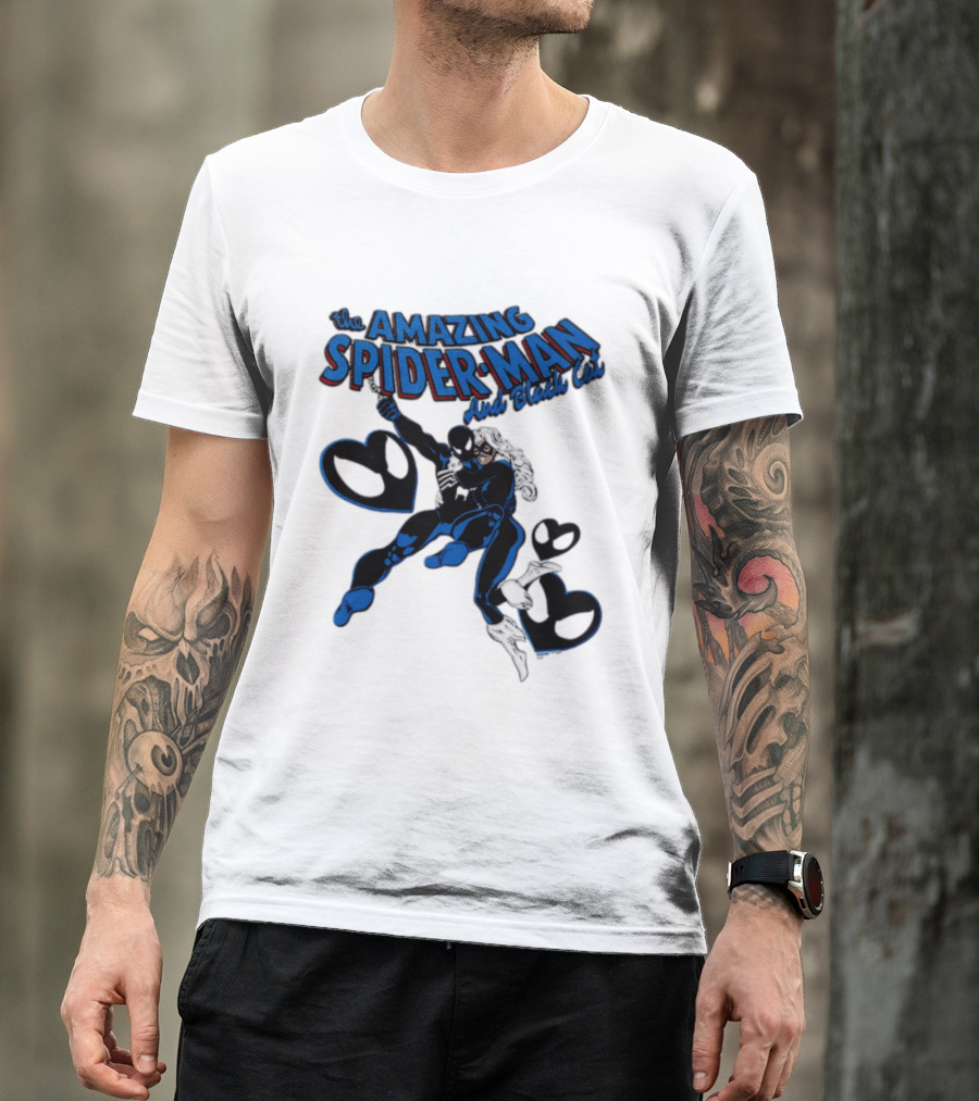 The Amazing Spider Man Hugs Black Cat With Hearts T-Shirt