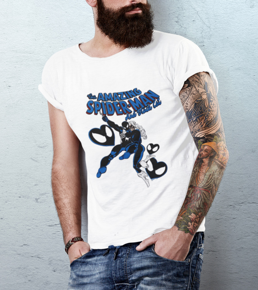 The Amazing Spider Man Hugs Black Cat With Hearts T-Shirt