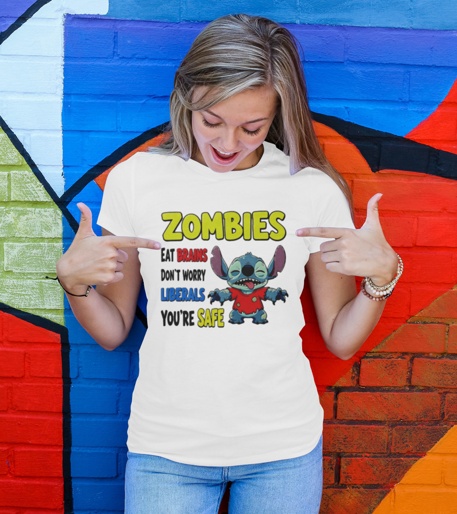 Zombies Eat Brains Don't Worry Liberals You're Safe Stitch Cartoon Creature Stitched Red T-Shirt