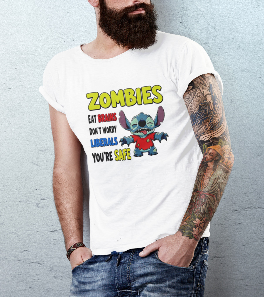 Zombies Eat Brains Don't Worry Liberals You're Safe Stitch Cartoon Creature Stitched Red T-Shirt