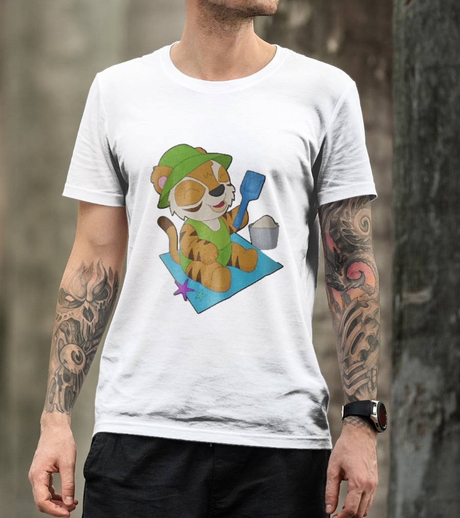 Playful Tiger Beach Sand Adventure Summer Scene T-Shirt