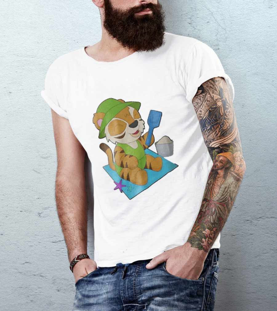 Playful Tiger Beach Sand Adventure Summer Scene T-Shirt